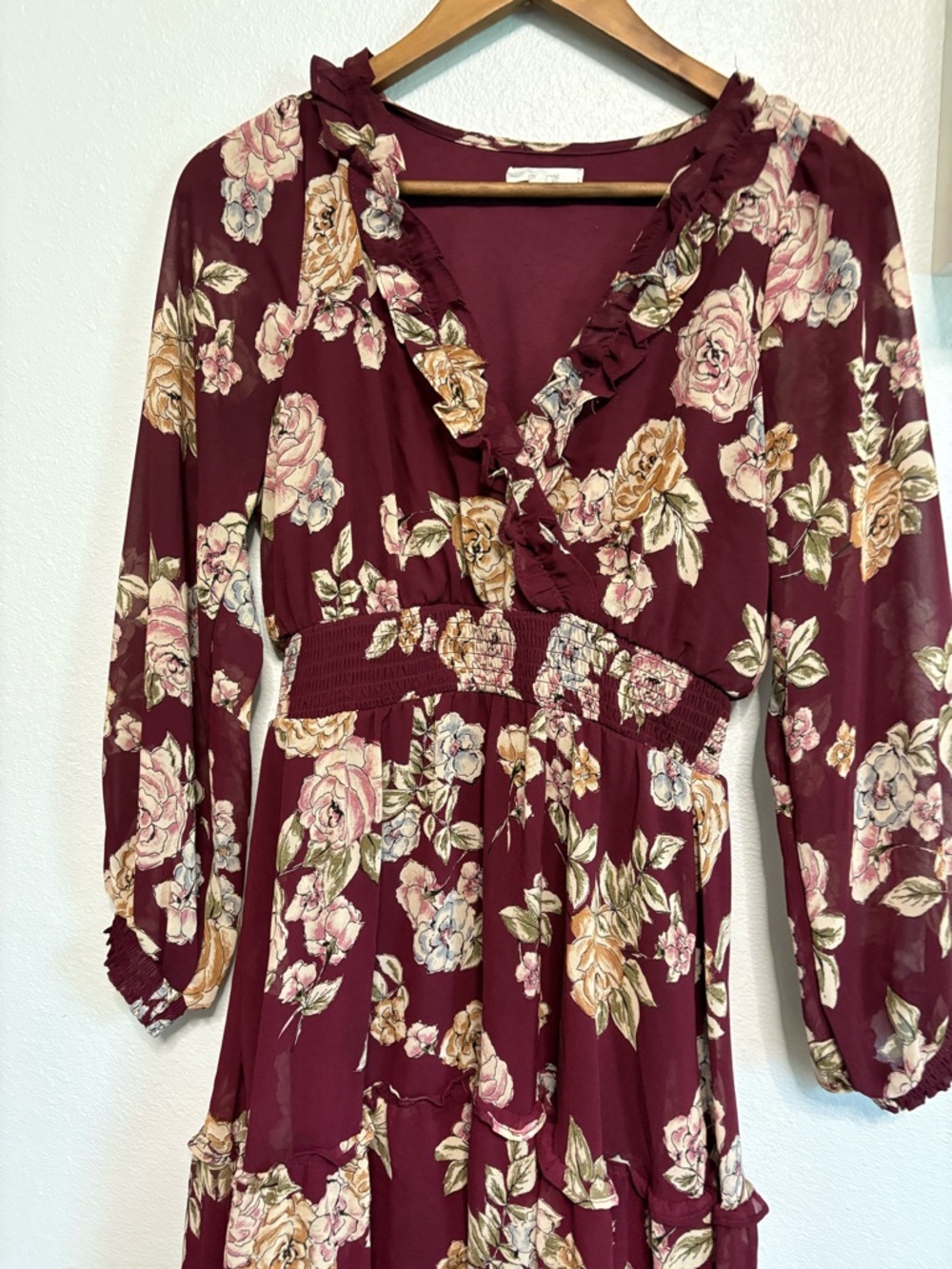 Maurices Floral Midi Dress in Burgundy with Pink and Cream Roses